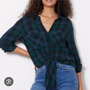 NWT Cloth & Stone Sapphire Plaid Tie Front Shirt Green Blue XS
